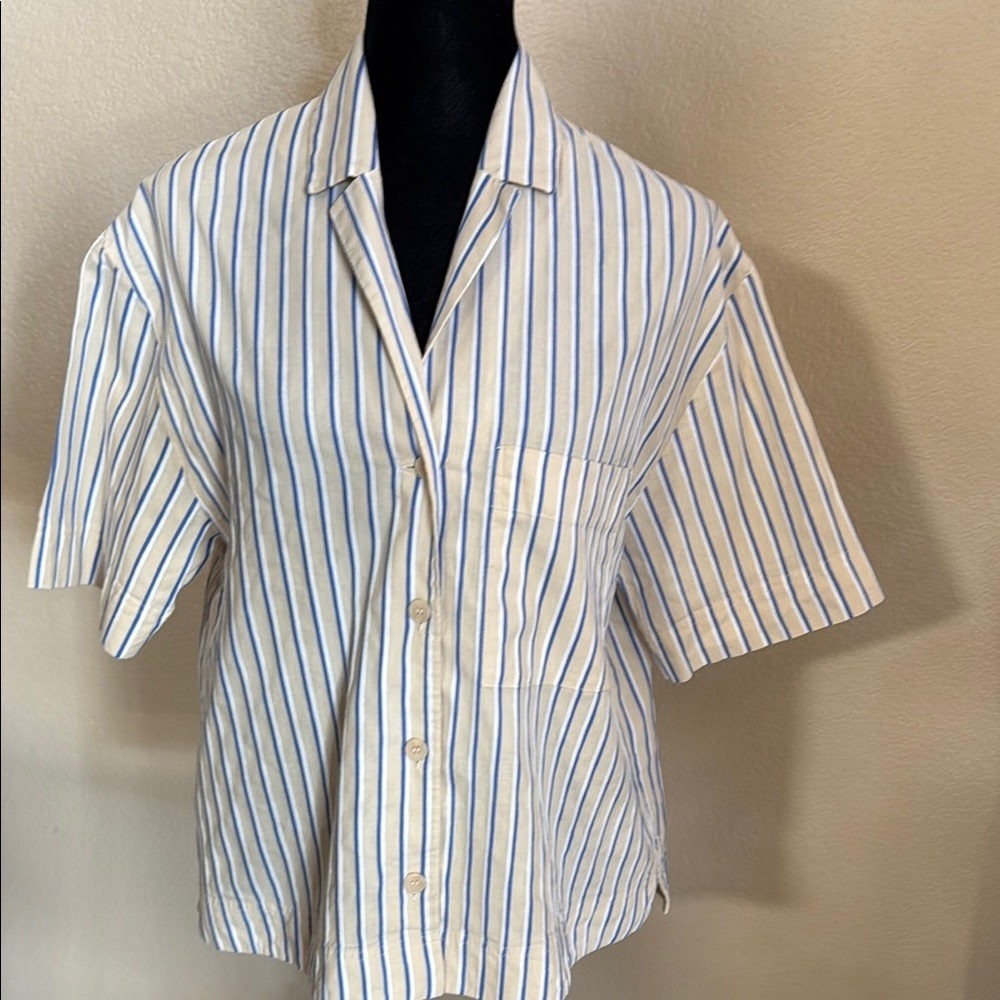 COS Pale Yellow Short-Sleeve Button-Up Shirt Blouse with Blue Stripes Sz S